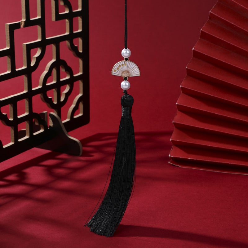 Generic Pearl White Fan Tassel Chinese Hanfu Car Pendant Black