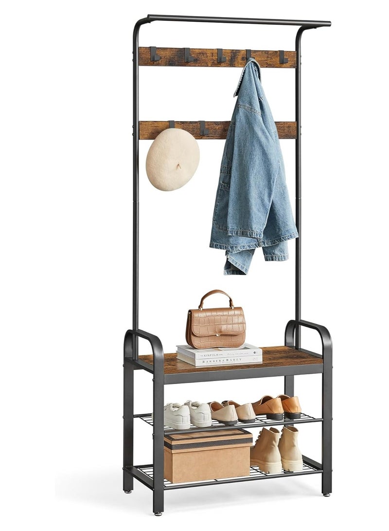 Coat Rack with Shoe Rack, Hallway Cabinet with Bench, 4-in-1, 9 Removable Hooks, Cloakroom, 34 x 72 x 183 cm, Industrial Style, Rustic Brown and Black HSR40B