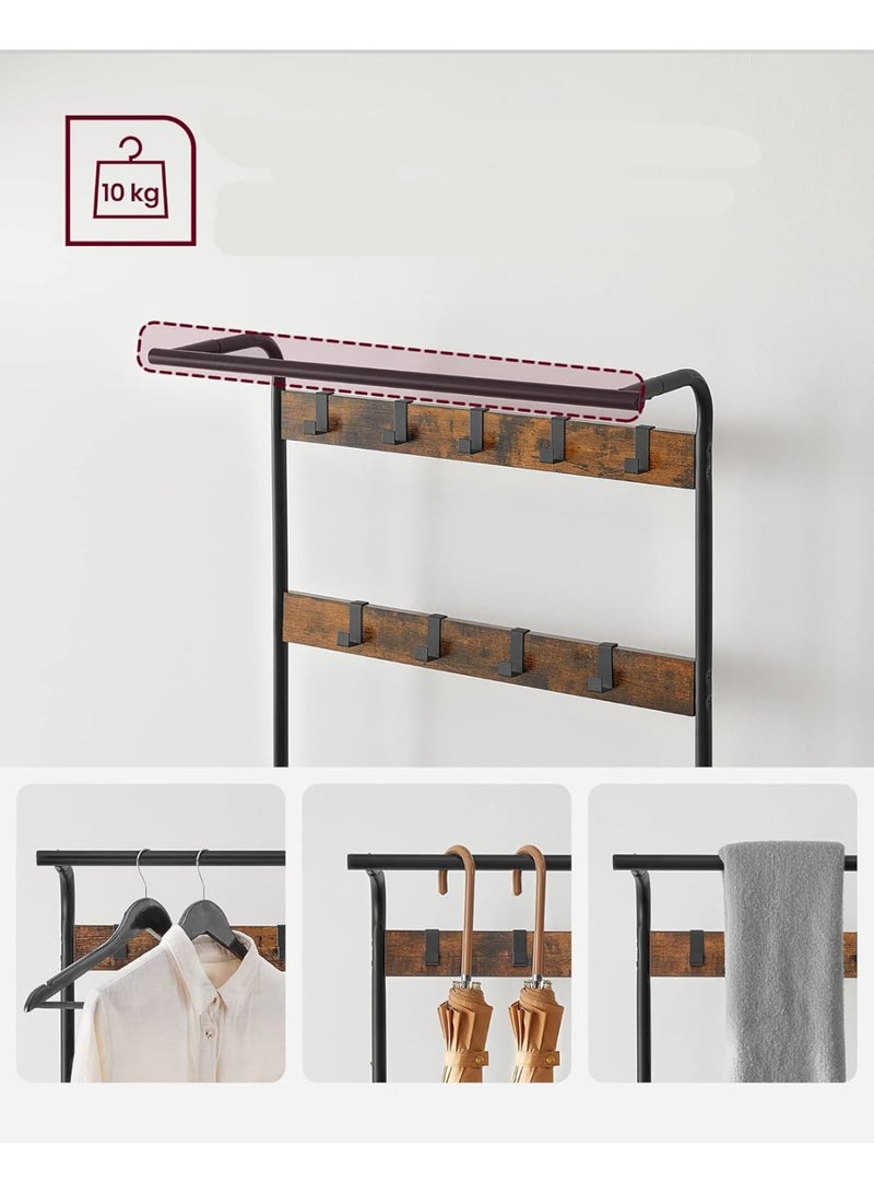 Coat Rack with Shoe Rack, Hallway Cabinet with Bench, 4-in-1, 9 Removable Hooks, Cloakroom, 34 x 72 x 183 cm, Industrial Style, Rustic Brown and Black HSR40B