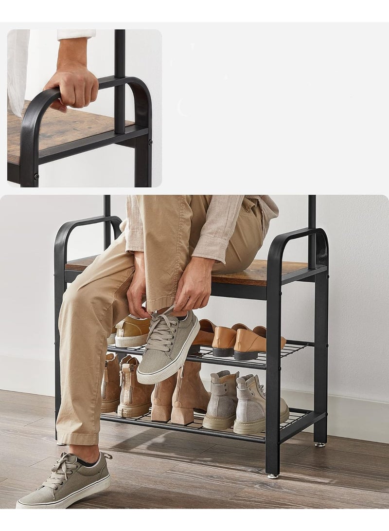 Coat Rack with Shoe Rack, Hallway Cabinet with Bench, 4-in-1, 9 Removable Hooks, Cloakroom, 34 x 72 x 183 cm, Industrial Style, Rustic Brown and Black HSR40B