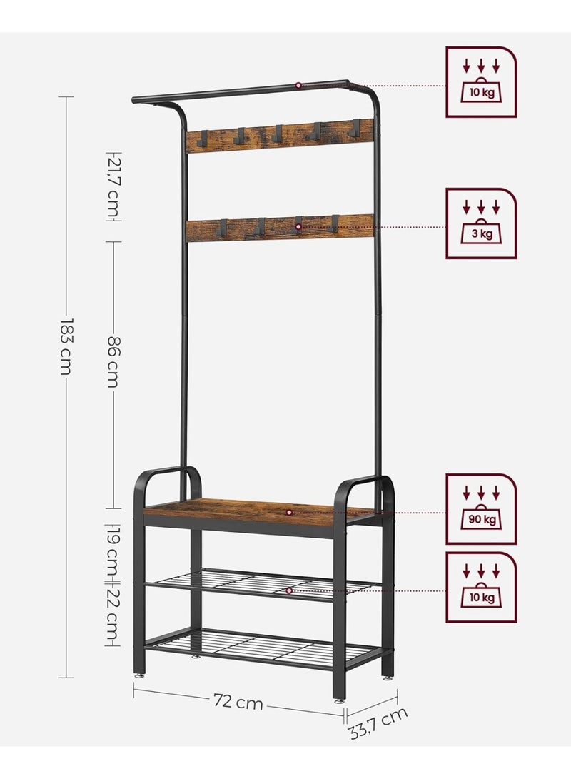 Coat Rack with Shoe Rack, Hallway Cabinet with Bench, 4-in-1, 9 Removable Hooks, Cloakroom, 34 x 72 x 183 cm, Industrial Style, Rustic Brown and Black HSR40B