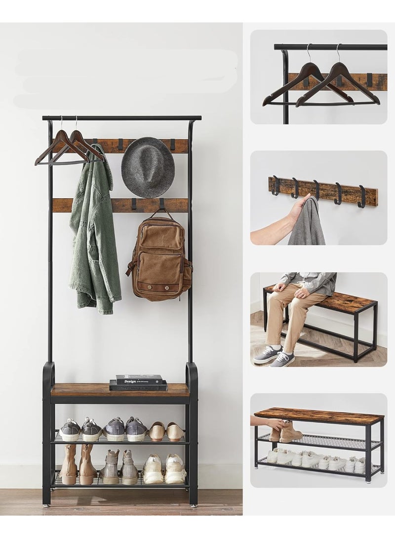 Coat Rack with Shoe Rack, Hallway Cabinet with Bench, 4-in-1, 9 Removable Hooks, Cloakroom, 34 x 72 x 183 cm, Industrial Style, Rustic Brown and Black HSR40B