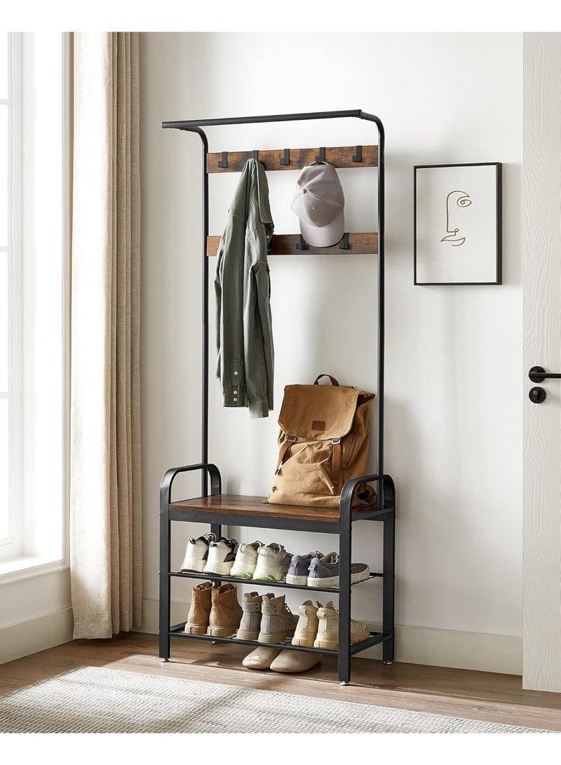 Coat Rack with Shoe Rack, Hallway Cabinet with Bench, 4-in-1, 9 Removable Hooks, Cloakroom, 34 x 72 x 183 cm, Industrial Style, Rustic Brown and Black HSR40B
