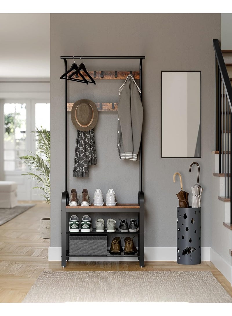 Coat Rack with Shoe Rack, Hallway Cabinet with Bench, 4-in-1, 9 Removable Hooks, Cloakroom, 34 x 72 x 183 cm, Industrial Style, Rustic Brown and Black HSR40B