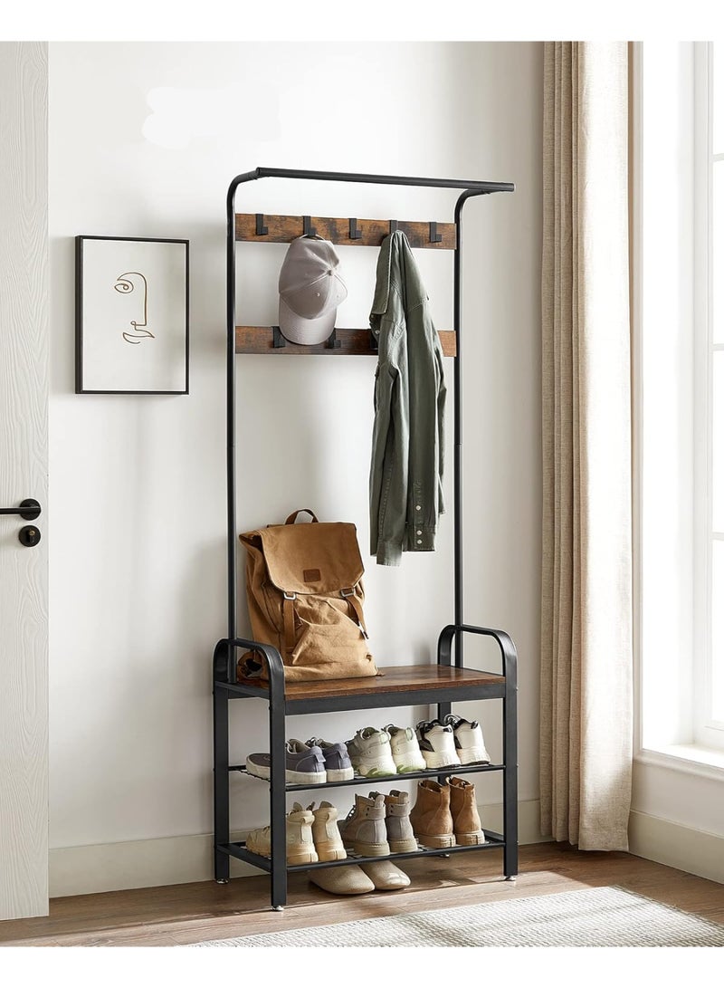 Coat Rack with Shoe Rack, Hallway Cabinet with Bench, 4-in-1, 9 Removable Hooks, Cloakroom, 34 x 72 x 183 cm, Industrial Style, Rustic Brown and Black HSR40B
