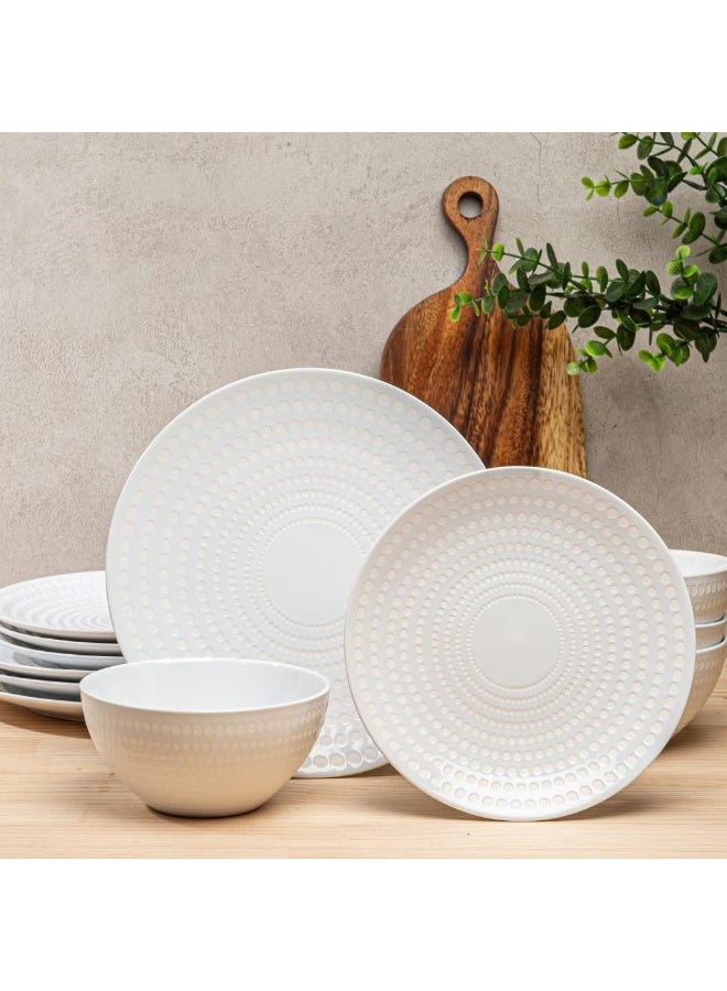 BZYOO Ceramic Dinnerware Set Service for 4 12 Pieces Stoneware Plates and Bowls for Dining Pearl White Dishes Set With DOTDOT Design Microwave Safe 12 PCS Dishes and Bow set Bijou Collection - Image 1