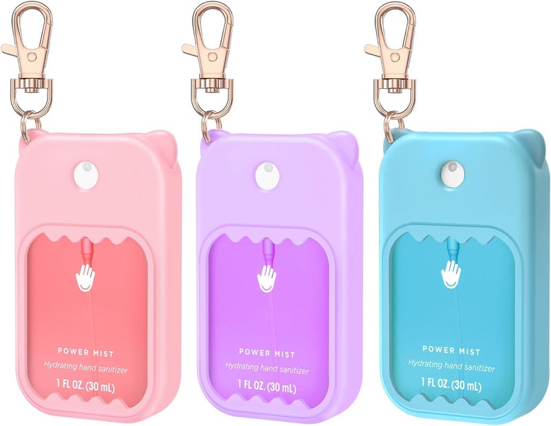 Flexible varied design 3Pcs Hand Sanitizer Spray Case for Touchland Silicone Touchland Case Keychain Cute Hand Sanitizer Spray Holder Compatible with Touchland Power Mist Gentle Mist Glow Mist (Pink & Purple & Blue) Easy daily handling design - Image 1