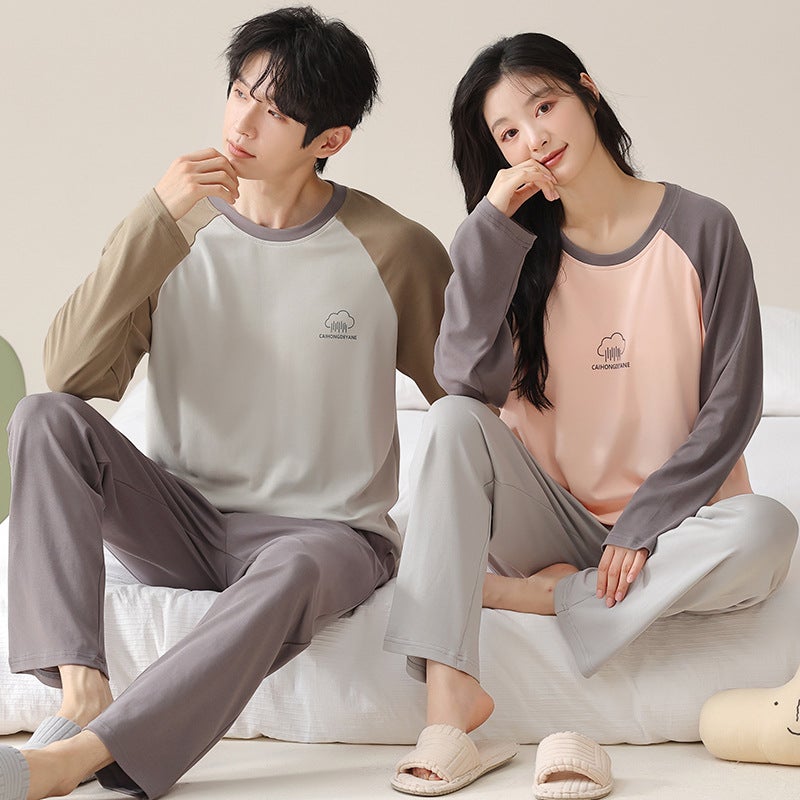 Couple Pajamas Cotton Long Sleeve With Chest Pad Women Simple Casual Men'S Plus Size Home Clothes Suit - Image 3