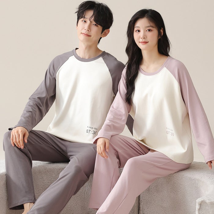 Couple Pajamas Cotton Long Sleeve With Chest Pad Women Simple Casual Men'S Plus Size Home Clothes Suit - Image 5