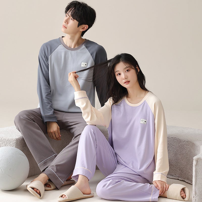 Couple Pajamas Cotton Long Sleeve With Chest Pad Women Simple Casual Men'S Plus Size Home Clothes Suit - Image 2
