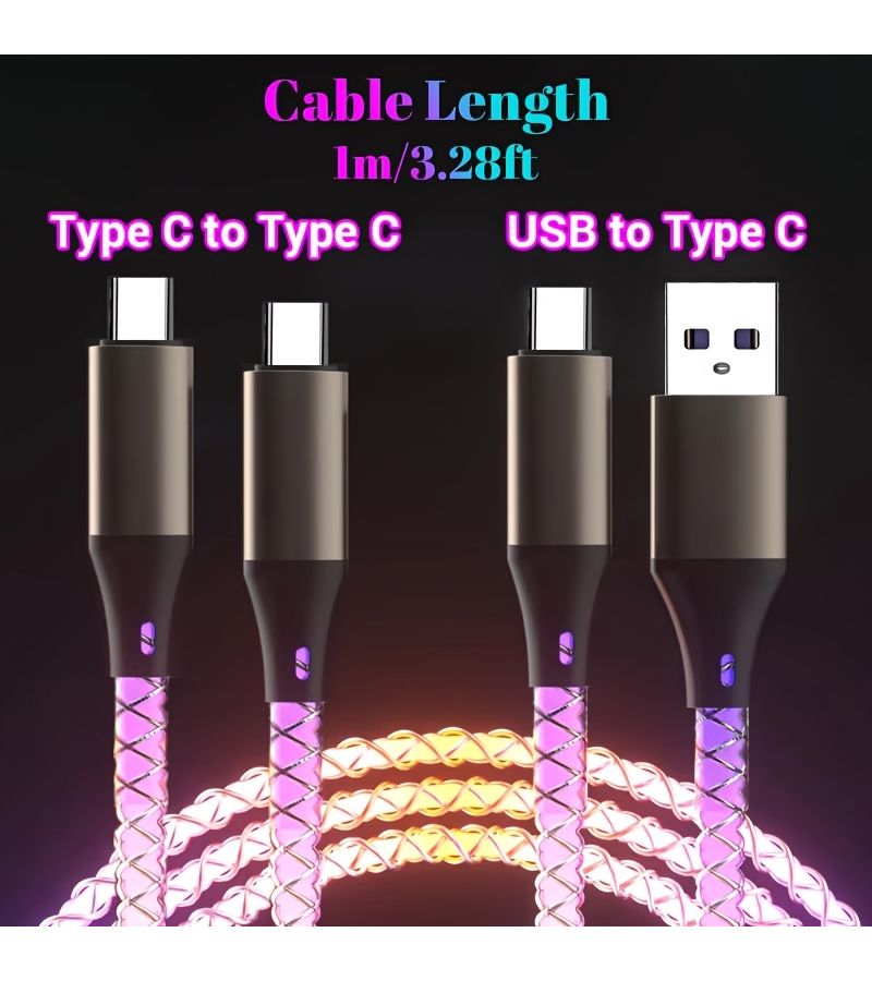 2pcs Type C To Type C 6A USB Super Fast Charging Data Cord RGB Breathing Light Car Charging Cable For Huawei Xiaomi Oppo Vivo 39.37inch - Image 2