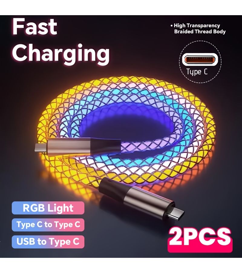 2pcs Type C To Type C 6A USB Super Fast Charging Data Cord RGB Breathing Light Car Charging Cable For Huawei Xiaomi Oppo Vivo 39.37inch - Image 1