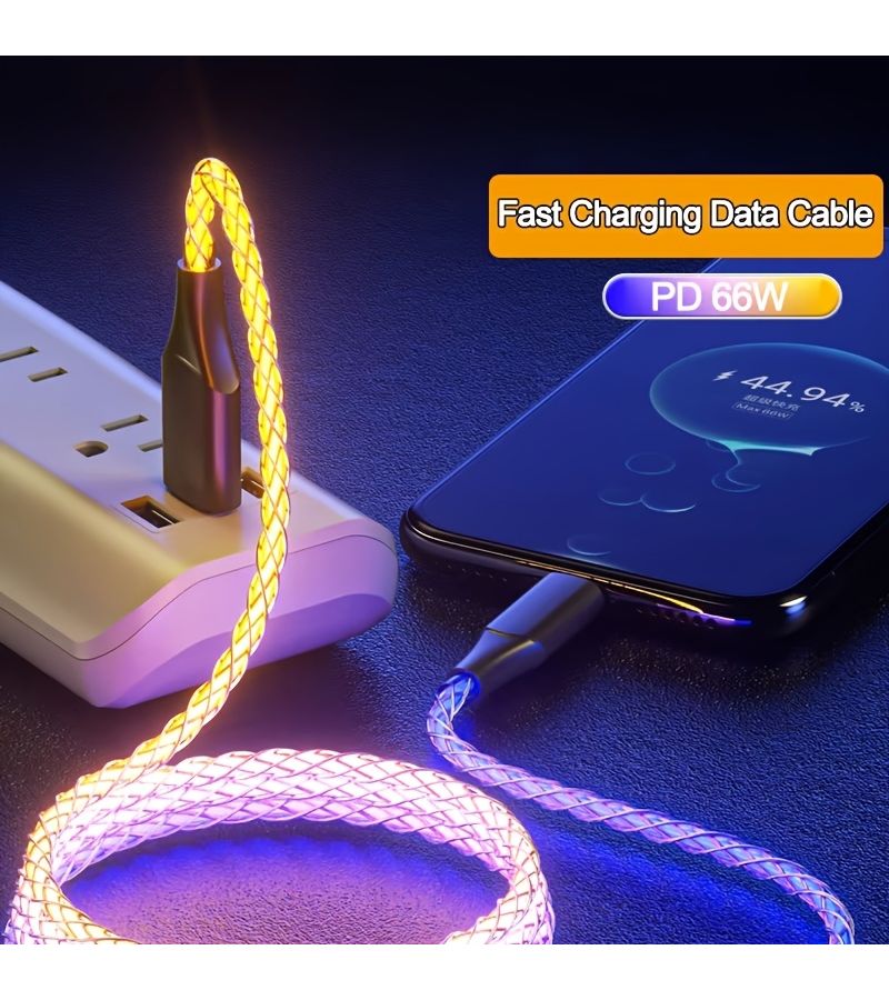 2pcs Type C To Type C 6A USB Super Fast Charging Data Cord RGB Breathing Light Car Charging Cable For Huawei Xiaomi Oppo Vivo 39.37inch - Image 3