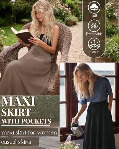 Riyiper 3 Pack Women's Maxi Skirts Long Skirts with Pockets High Waist a Line Drawstring Ankle Length Flowing Casual Summer(Black, Charcoal Gray, Coffee,Medium) - Image 4