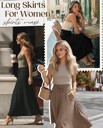 Riyiper 3 Pack Women's Maxi Skirts Long Skirts with Pockets High Waist a Line Drawstring Ankle Length Flowing Casual Summer(Black, Charcoal Gray, Coffee,Medium) - Image 3