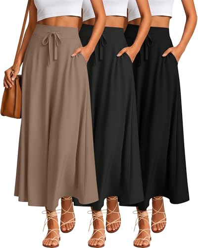 Riyiper 3 Pack Women's Maxi Skirts Long Skirts with Pockets High Waist a Line Drawstring Ankle Length Flowing Casual Summer(Black, Charcoal Gray, Coffee,Medium) - Image 1