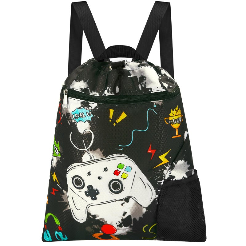WAWSAM Kids Gym Drawstring Backpack Beach Bag 15 175 Game Sports Gym Bag for Boys Kids Swimming String Bag Shopping Yoga Sackpack Birthday Gift with Zippered Pocket and Bottle Pocket - Image 2