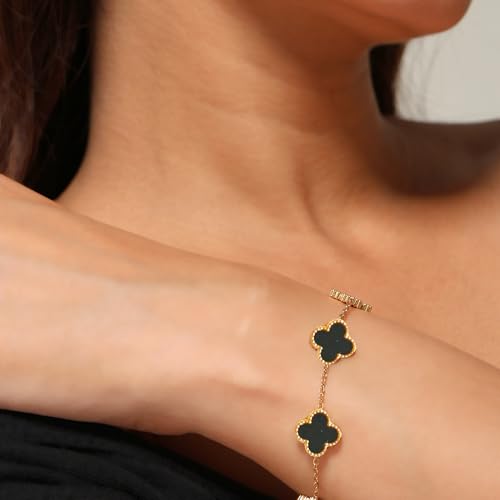 SALVE Clover Anti Tarnish Bracelet for Women Stylish | Stainless Steel Bracelet for Woman | Valentine's Gift for Girlfriend | Fashion Jewellery for Women Aesthetic Accessories for Girls Chain Bracelet Gold (Black & White Set) - Image 5
