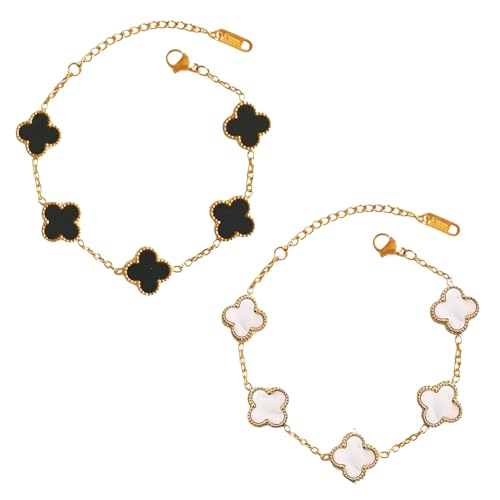 SALVE Clover Anti Tarnish Bracelet for Women Stylish | Stainless Steel Bracelet for Woman | Valentine's Gift for Girlfriend | Fashion Jewellery for Women Aesthetic Accessories for Girls Chain Bracelet Gold (Black & White Set) - Image 1