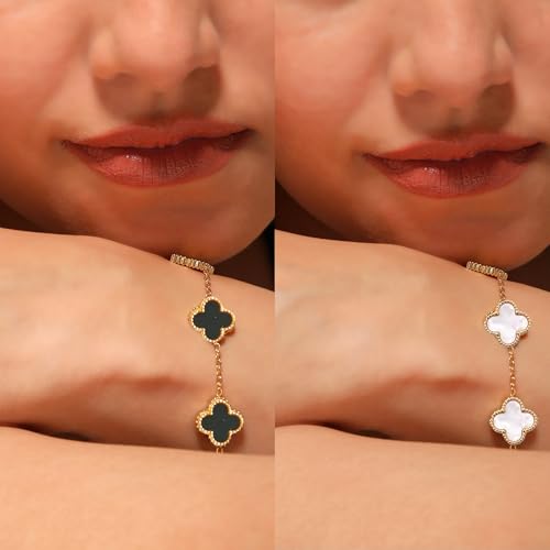 SALVE Clover Anti Tarnish Bracelet for Women Stylish | Stainless Steel Bracelet for Woman | Valentine's Gift for Girlfriend | Fashion Jewellery for Women Aesthetic Accessories for Girls Chain Bracelet Gold (Black & White Set) - Image 2
