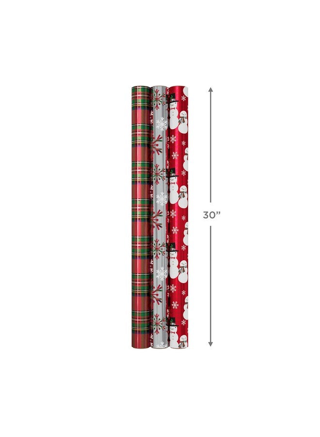 Hallmark Foil Christmas Wrapping Paper with Cut Lines on Reverse (3 Rolls: 60 sq. ft. ttl) Plaid Snowflakes, Snowmen, Red, Green and Blue Plaid - Image 3