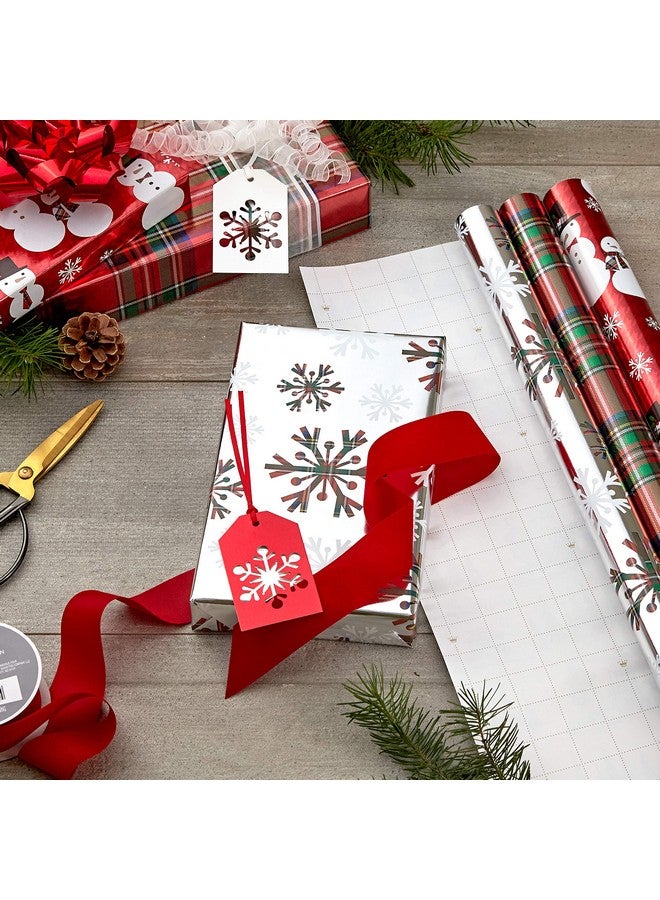 Hallmark Foil Christmas Wrapping Paper with Cut Lines on Reverse (3 Rolls: 60 sq. ft. ttl) Plaid Snowflakes, Snowmen, Red, Green and Blue Plaid - Image 2