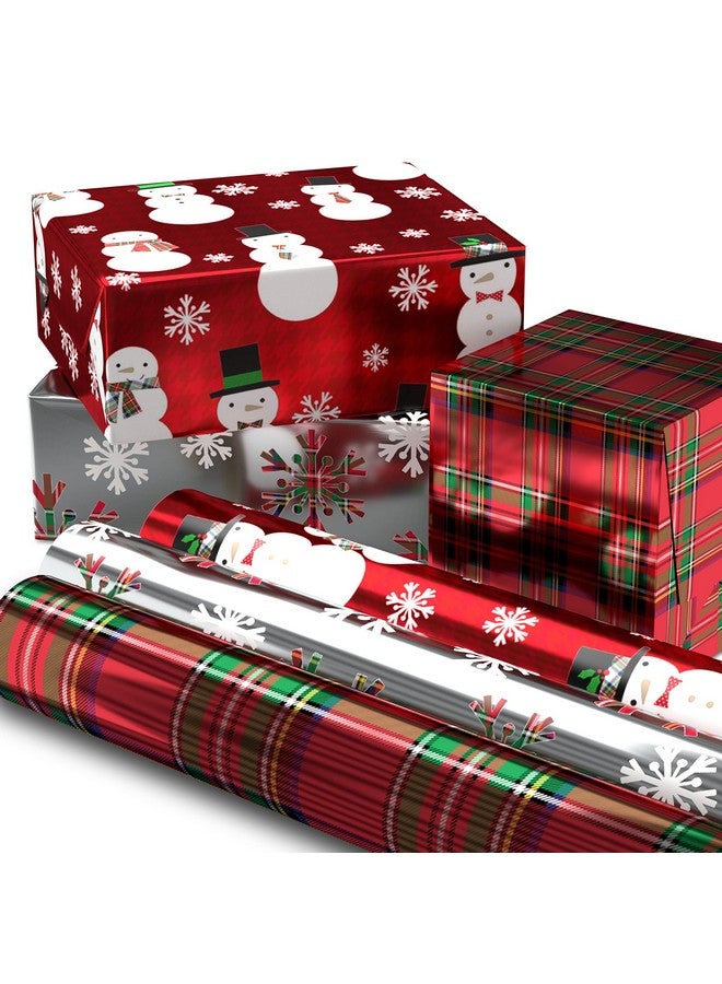 Hallmark Foil Christmas Wrapping Paper with Cut Lines on Reverse (3 Rolls: 60 sq. ft. ttl) Plaid Snowflakes, Snowmen, Red, Green and Blue Plaid - Image 1