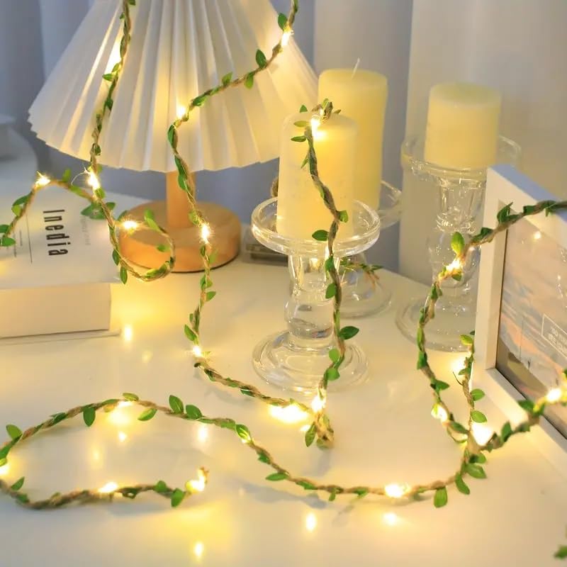 Nisco DIY Artificial Vines with 100 LED Battery String Lights Pack of Natural Green Burlap Leaf Ribbon with 10 Mtr Fairy Lights on Jute Twine for Wall Room Window Wedding Indoor Festival Dcor - Image 5