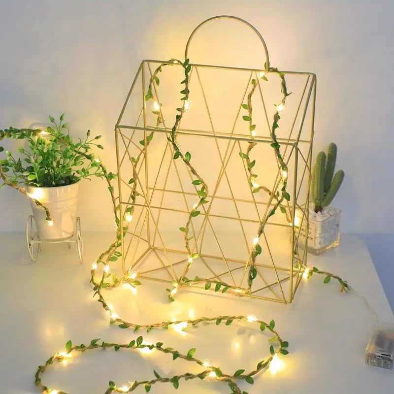 Nisco DIY Artificial Vines with 100 LED Battery String Lights Pack of Natural Green Burlap Leaf Ribbon with 10 Mtr Fairy Lights on Jute Twine for Wall Room Window Wedding Indoor Festival Dcor - Image 3