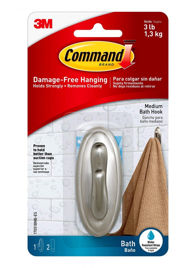Command Command Medium Traditional Water-Resistant Adhesive, 3 lb Capacity, 1 Hook, 2 Strips, 17051BN-B None, Bath-Brushed Nickel  - Image 1