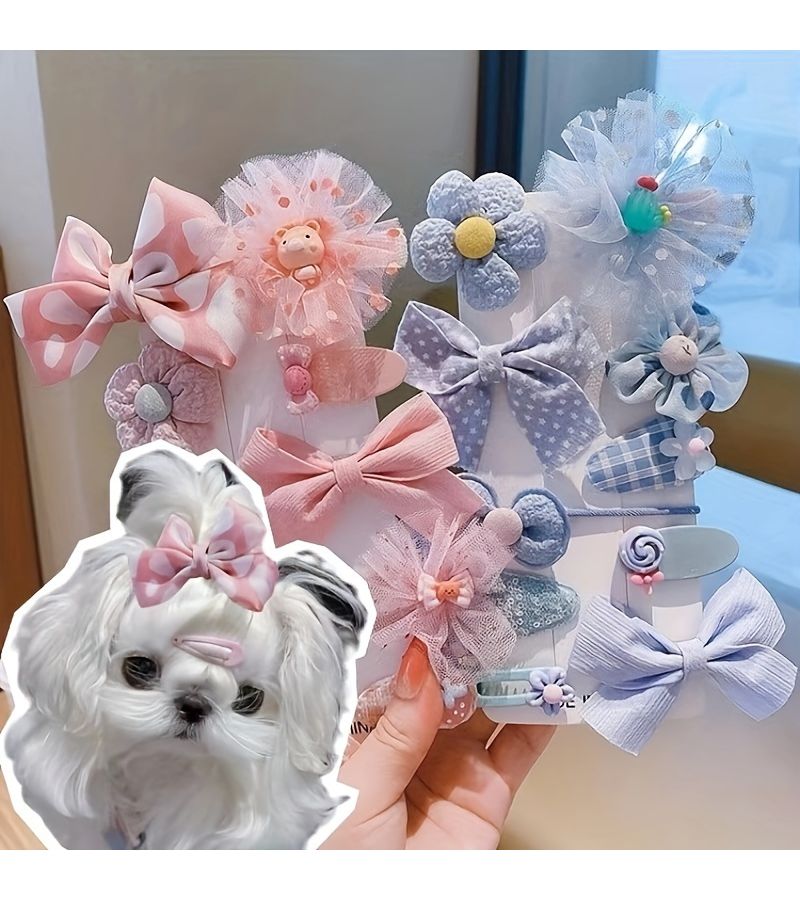 Yellow Pet Hair Clips Set 10 Pack Mesh Bow And Flower Headwear For Small Long Haired Dogs Grooming - Image 1