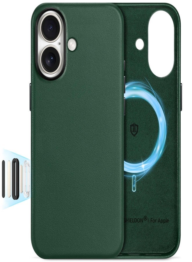 SHIELDON Genuine Leather Case for iPhone 17 6.3-inch 5G 2025, Magnetic Wireless Charging, Metal Buttons, Non-Slip, Anti-Scratch, Protective, Slim Fit Cover - Evergreen - Image 1