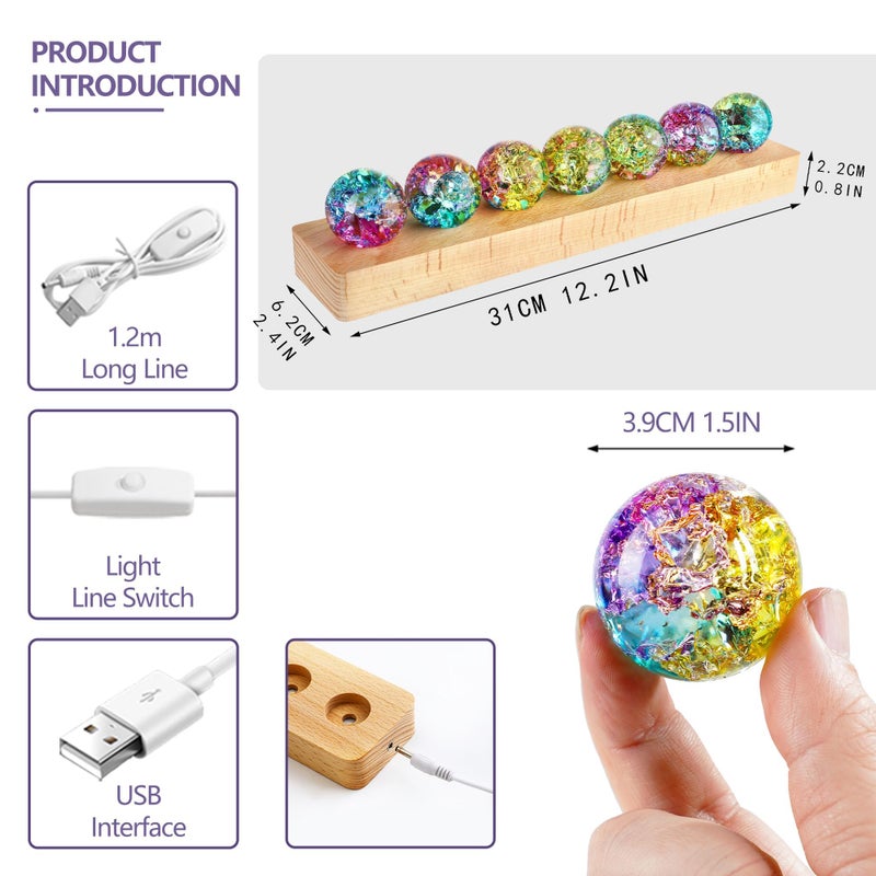 KRISININE 7pcs Colorful Healing Spheres for Meditation Crystal Cracked Balls with LED Wooden Stand Night Light Decoration Balls Set - Image 3