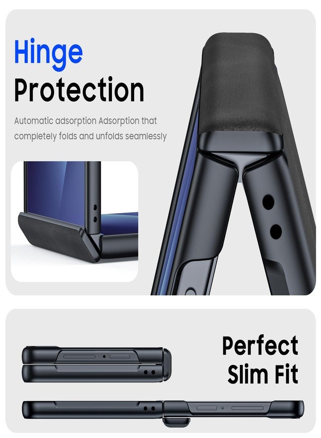 BSNRM for Samsung Galaxy Z Flip 7 Case with Hinge Protection & Built-in Screen Protector, Ultra Thin Stylish Leather Matte PC Durable Shockproof Cover Phone Case for Galaxy Z Flip 7-Black Gray - Image 3