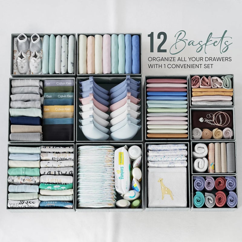 NEATERIZE Drawer Organizer Clothes Set of 12 Grey - Dresser Organizer For Nursery, Bedroom, Closet - The Perfect Baby Clothes Organizer and Storage & General Nursery Organization or Dresser Drawer Organizers - Image 3