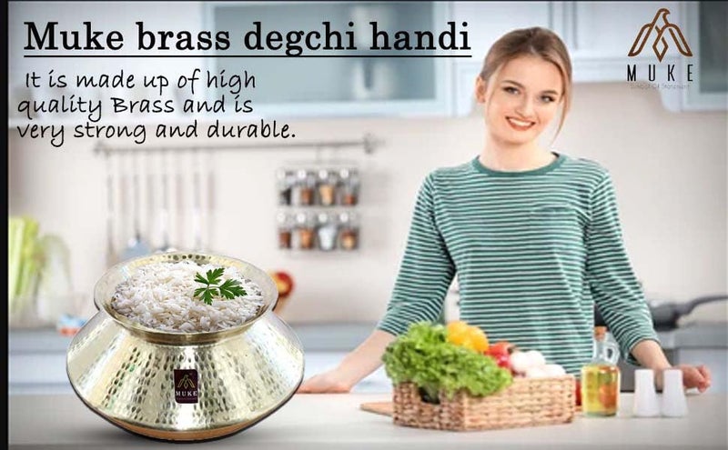 MUKE Handmade Hammered Polished Pure Brass Water Pot Degchi Handi cookwere Indian Brass Cooking Vessel Color Golden Capacity 3.5 Liters Pack of 1 - Image 2