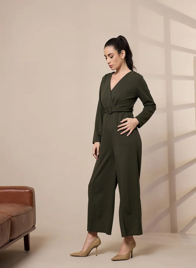 ساسافراس Olive Green V-Neck Belted Jumpsuit for Women