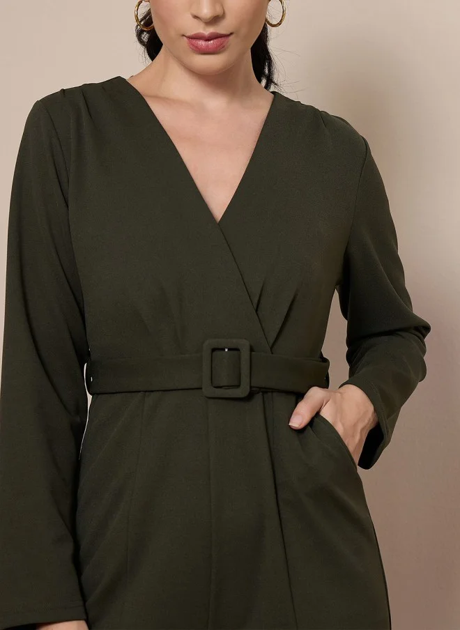 ساسافراس Olive Green V-Neck Belted Jumpsuit for Women