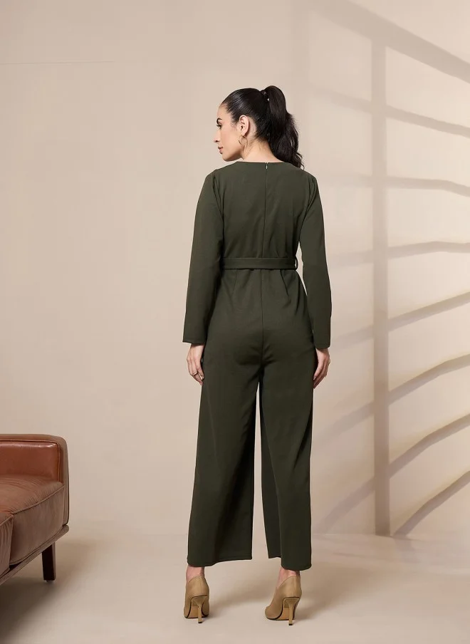 ساسافراس Olive Green V-Neck Belted Jumpsuit for Women