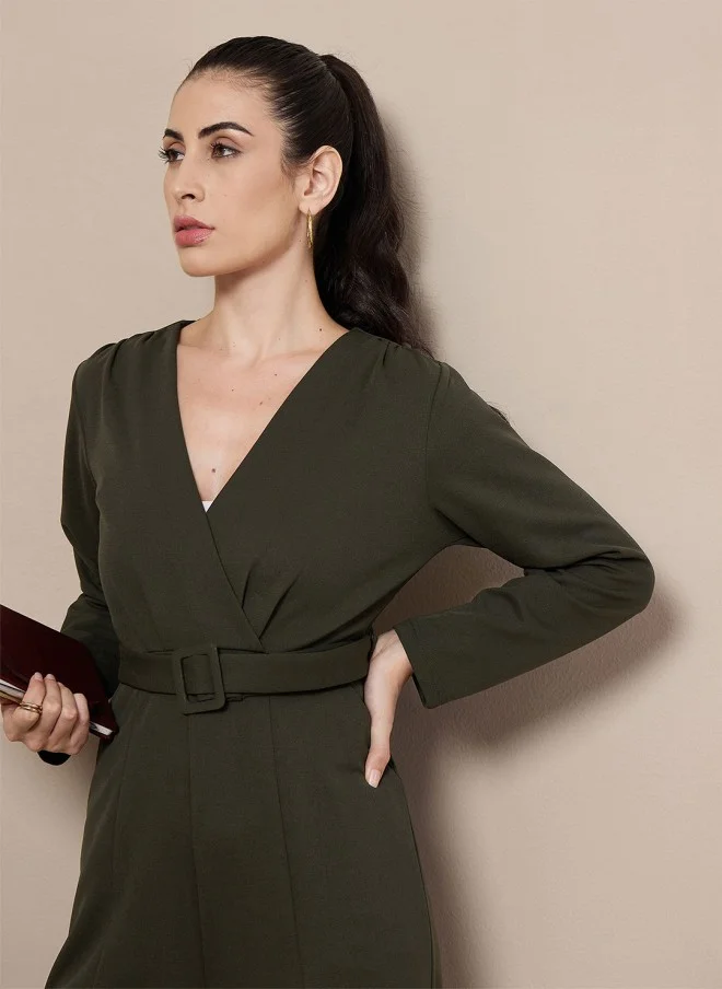 ساسافراس Olive Green V-Neck Belted Jumpsuit for Women