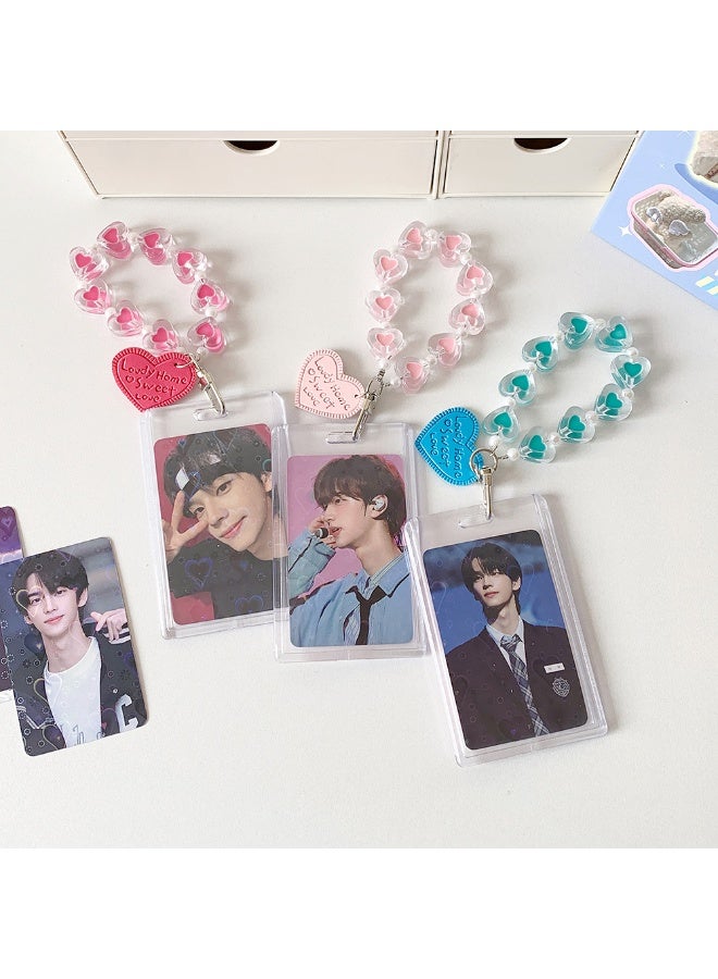 NIBEMINENT 1 - Piece Simple And Transparent Peach Heart Beads Kpop Photo Card Holder Pendant Key Chain ID Badge Holder ID Card Holder Photo Card Protector for School ID Office ID Access Card for Women Girls - Image 2