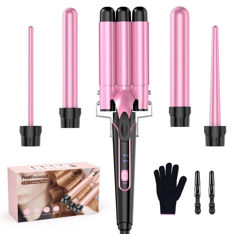 Waver Curling Iron Curling Wand  BESTOPE PRO 5 in 1 Curling Wand Set with 3 Barrel Hair Crimper for Women Fast Heating Crimper Wand Curler in All Hair Type Women Gifts  Pink