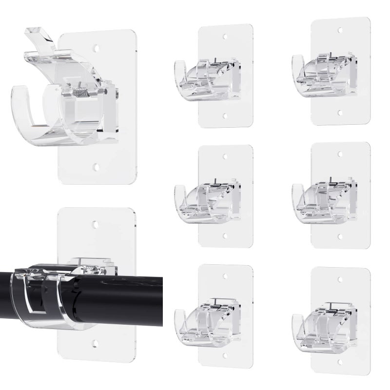 Wabboreq 8PCS No Drill Curtain Rod Brackets, Self-Adhesive, Universal, Plastic & Stainless Steel, Wall Mount, Transparent - Image 1