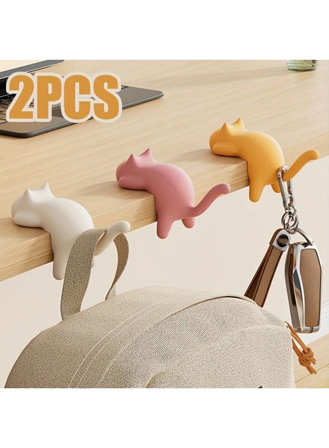 2pcs White Cat Shaped Self Adhesive Hooks Durable Plastic Hanging Organizer - Image 2