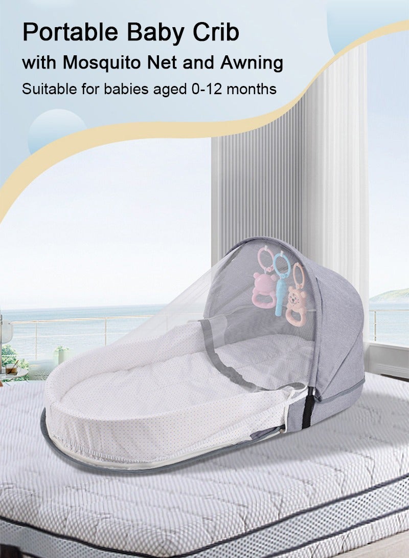 TAPIT Portable Baby Crib, Foldable Baby Crib with Cartoon Toys, Baby Travel Crib with Mosquito Net and Awning, Suitable for Travelling and Home Use, Easy to Carry (Pink) - Image 3