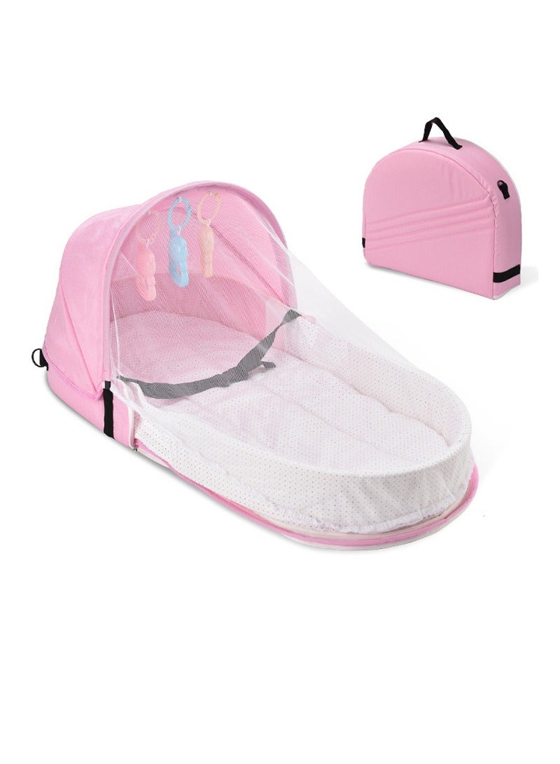 TAPIT Portable Baby Crib, Foldable Baby Crib with Cartoon Toys, Baby Travel Crib with Mosquito Net and Awning, Suitable for Travelling and Home Use, Easy to Carry (Pink) - Image 2