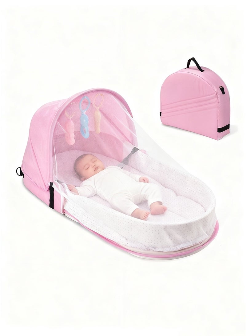 TAPIT Portable Baby Crib, Foldable Baby Crib with Cartoon Toys, Baby Travel Crib with Mosquito Net and Awning, Suitable for Travelling and Home Use, Easy to Carry (Pink) - Image 1