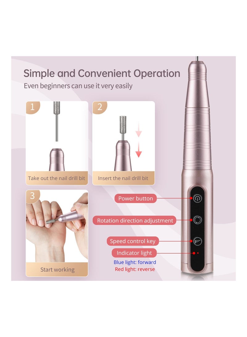 USB Rechargeable Electric Nail File with 3 Speed Adjustment 30000 RPM Portable Nail Drill Machine E File for Acrylic Gel Nails Pink - Image 4