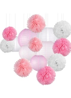 Mordely Hanging Party pom pom Set, 12pcs Pink White Paper Flowers Pom Poms Balls and Paper Lanterns for Wedding Birthday Bridal Baby Shower Graduation, Lantern  - Image 1