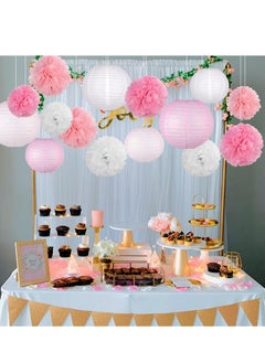 Mordely Hanging Party pom pom Set, 12pcs Pink White Paper Flowers Pom Poms Balls and Paper Lanterns for Wedding Birthday Bridal Baby Shower Graduation, Lantern  - Image 2